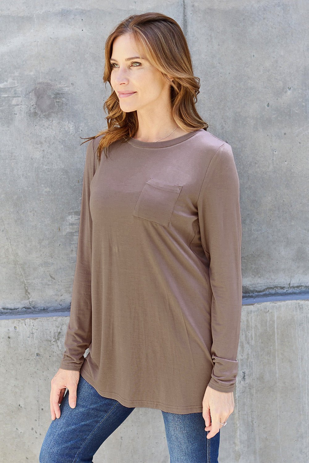 Basic Bae Round Neck Full Size Long Sleeve T - Shirt - Shirt - Taupe - Bella Bourget