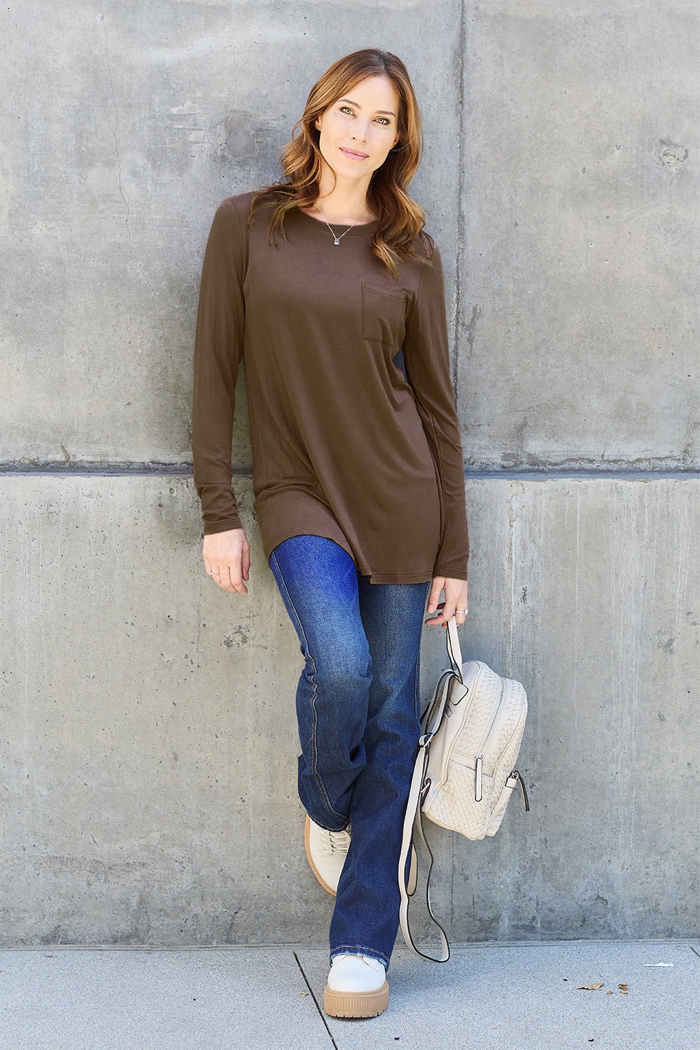 Basic Bae Round Neck Full Size Long Sleeve T - Shirt - Shirt - Chocolate - Bella Bourget