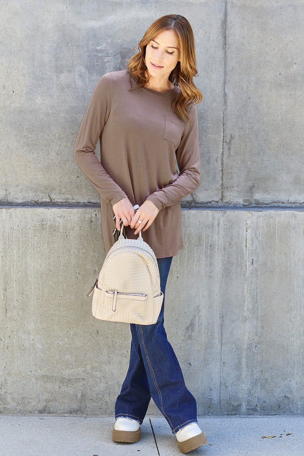 Basic Bae Round Neck Full Size Long Sleeve T - Shirt - Shirt - Taupe - Bella Bourget