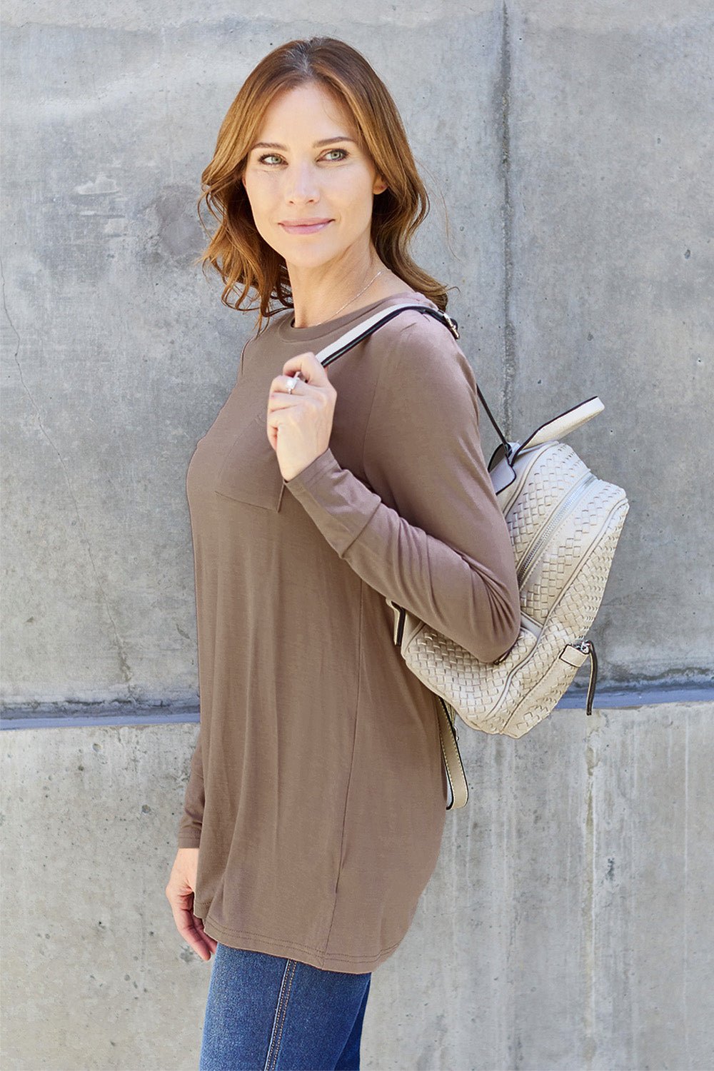 Basic Bae Round Neck Full Size Long Sleeve T - Shirt - Shirt - Taupe - Bella Bourget