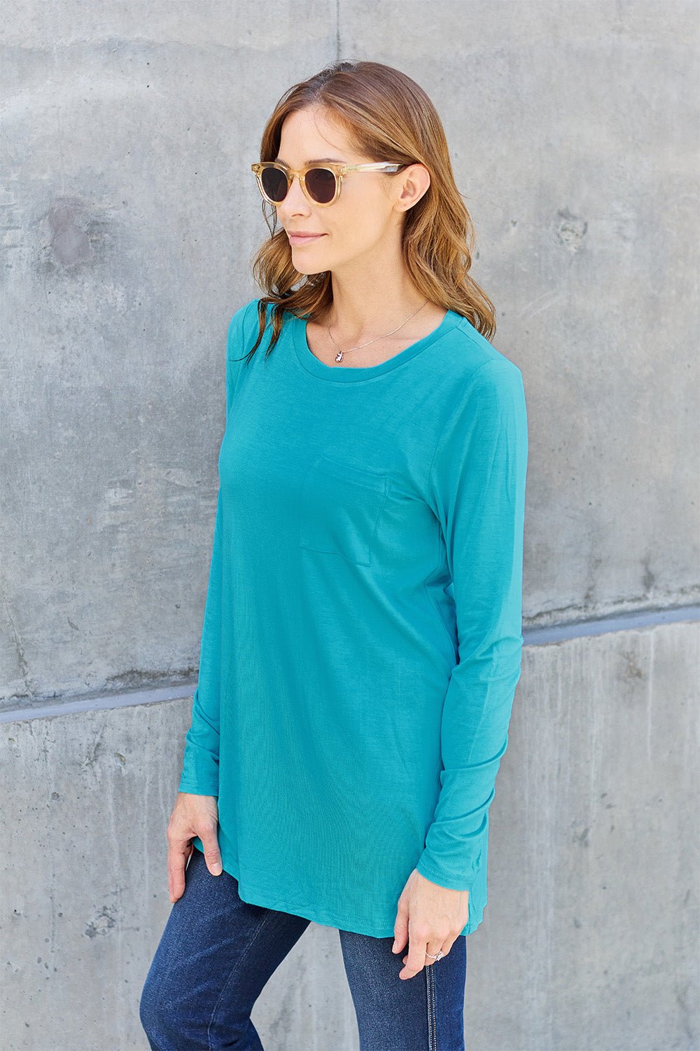 Basic Bae Round Neck Full Size Long Sleeve T - Shirt - Shirt - Azure - Bella Bourget