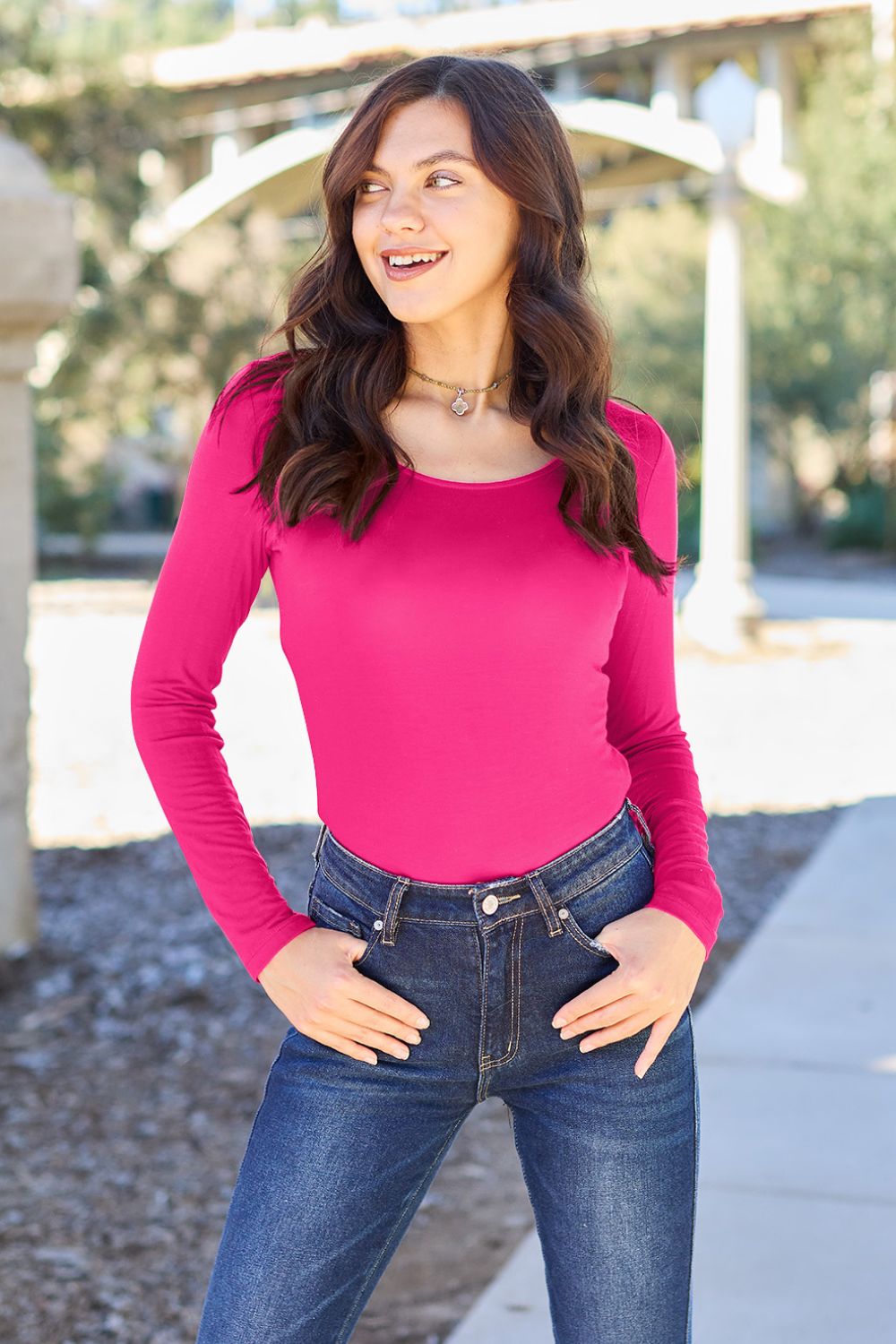 Basic Bae Round Neck Long Sleeve Bodysuit (all sizes) - Bodysuit - Hot Pink - Bella Bourget