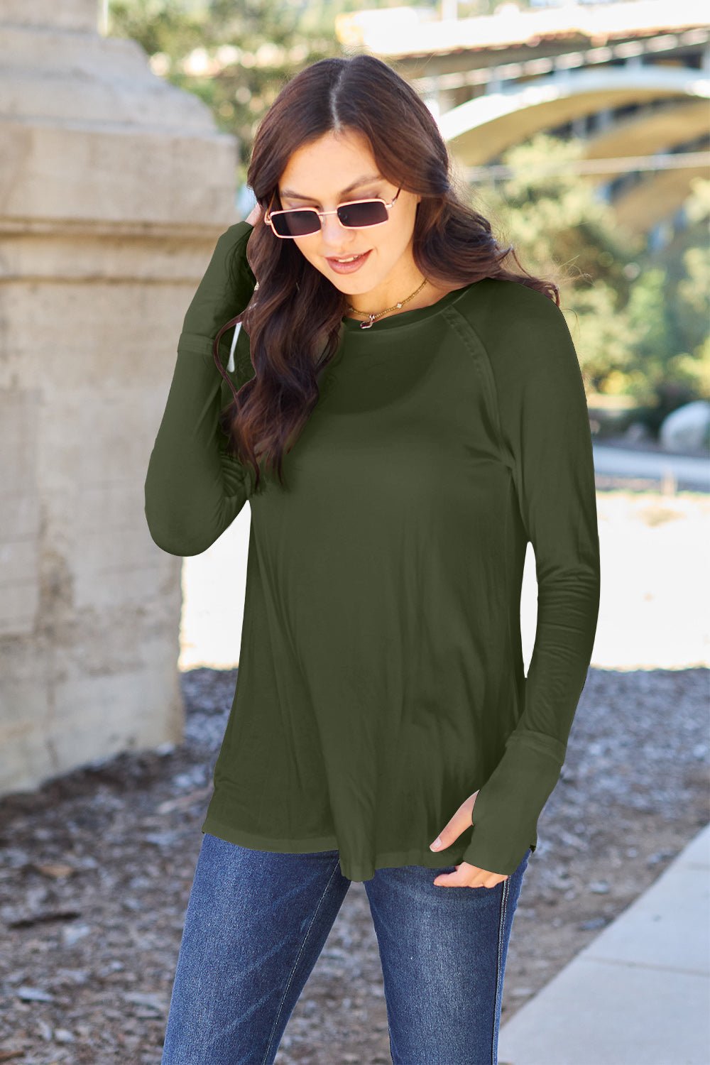 Basic Bae Round Neck Long Sleeve T - Shirt (Full Size) - T - Shirt - Army Green - Bella Bourget