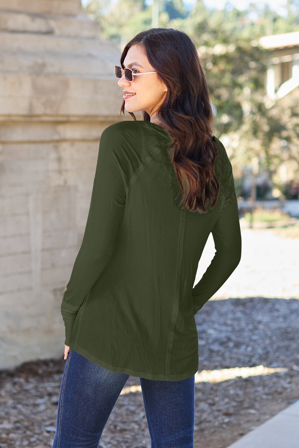 Basic Bae Round Neck Long Sleeve T - Shirt (Full Size) - T - Shirt - Army Green - Bella Bourget