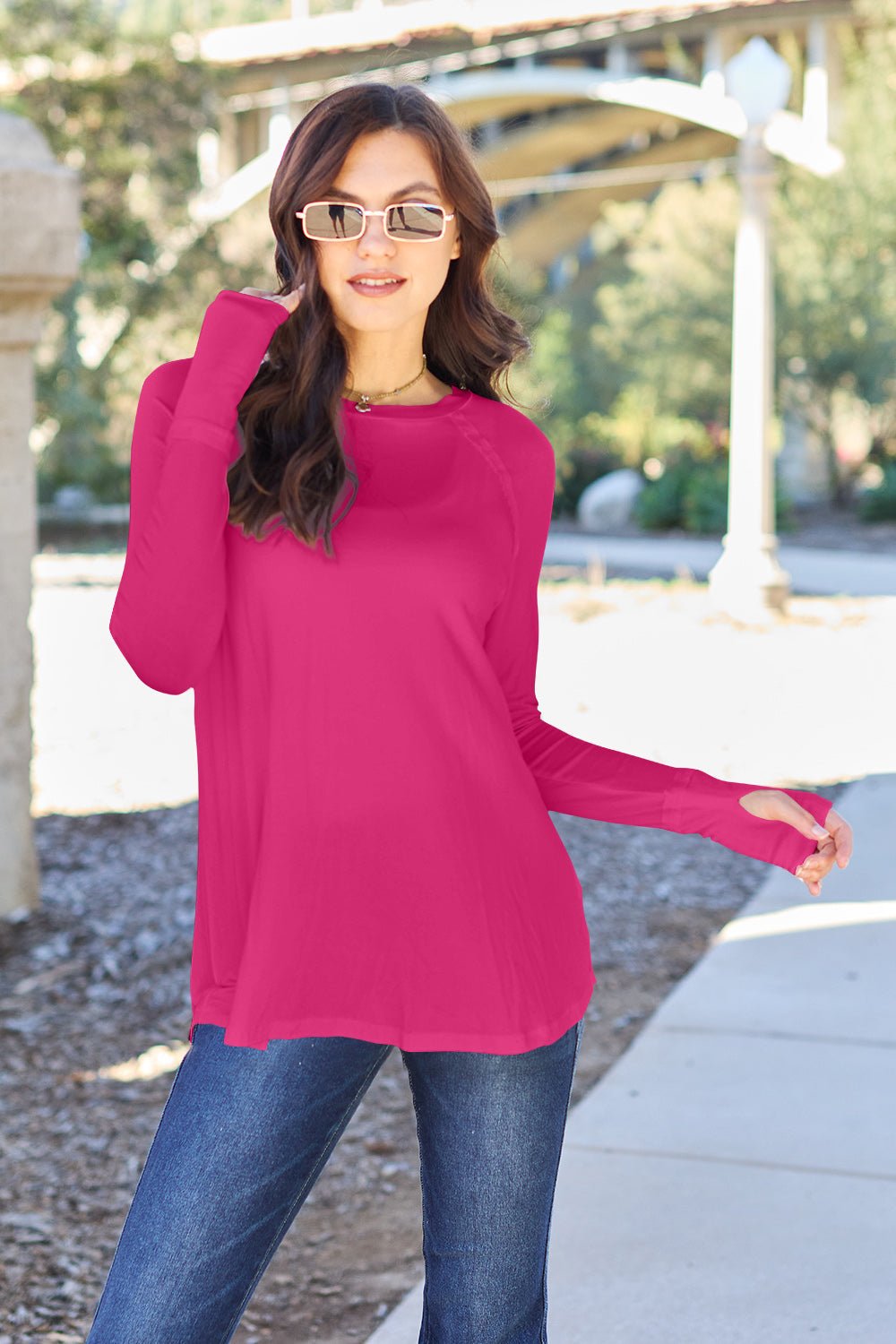 Basic Bae Round Neck Long Sleeve T - Shirt (Full Size) - T - Shirt - Deep Rose - Bella Bourget