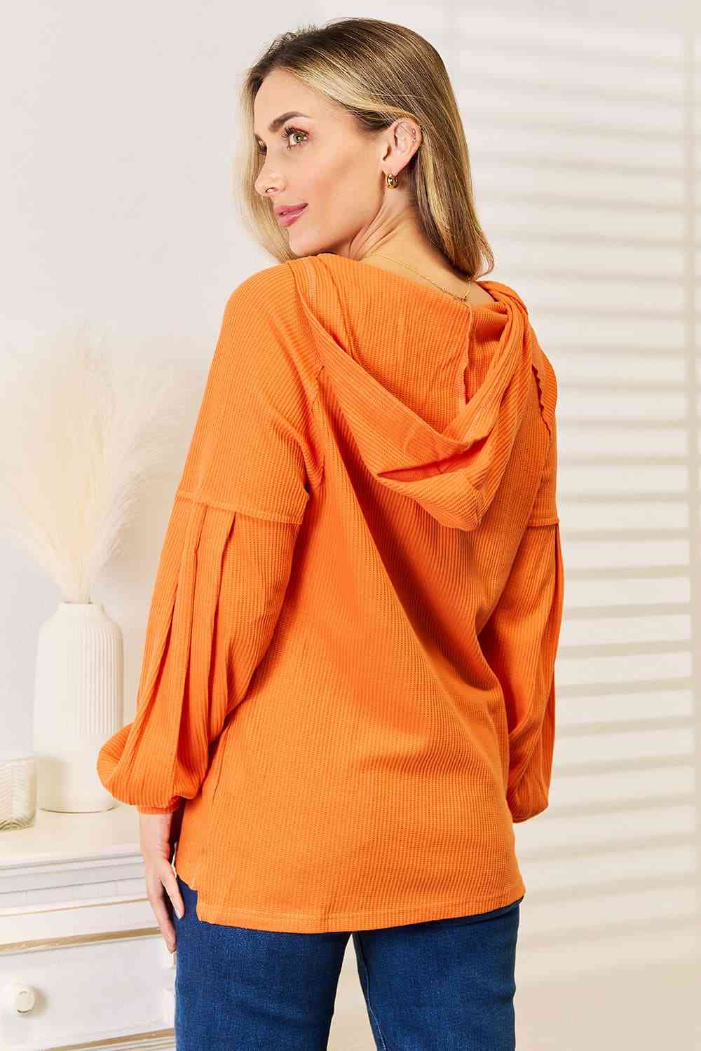 Basic Bae Side Slit Buttoned Waffle Knit Hoodie - Hoodie - Orange - Bella Bourget