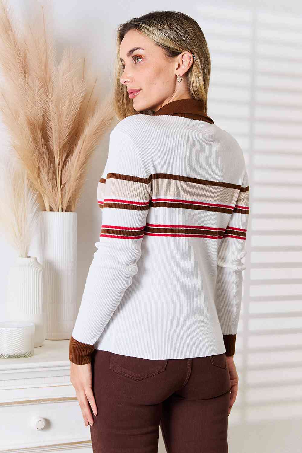 Basic Bae Striped Collared Neck Rib - Knit Top - Knit Top - Beige - Bella Bourget