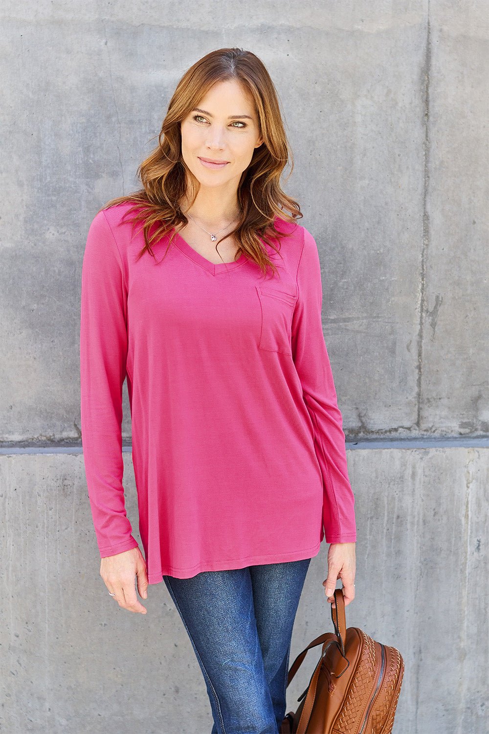 Basic Bae V - Neck Long Sleeve Top - Shirt - Hot Pink - Bella Bourget