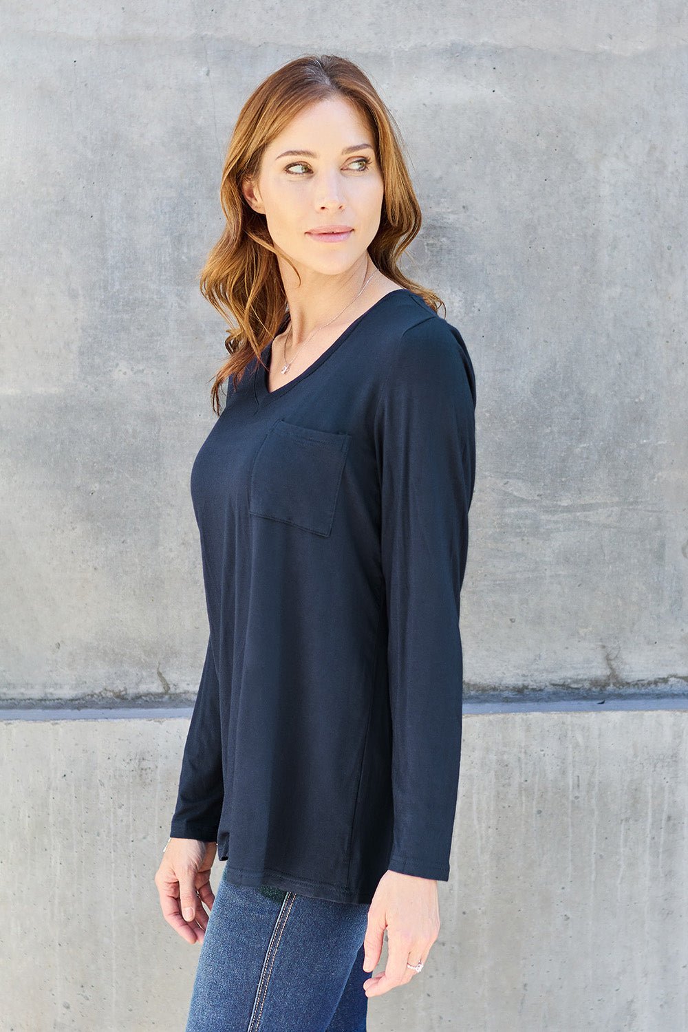 Basic Bae V - Neck Long Sleeve Top - Shirt - Dark Navy - Bella Bourget