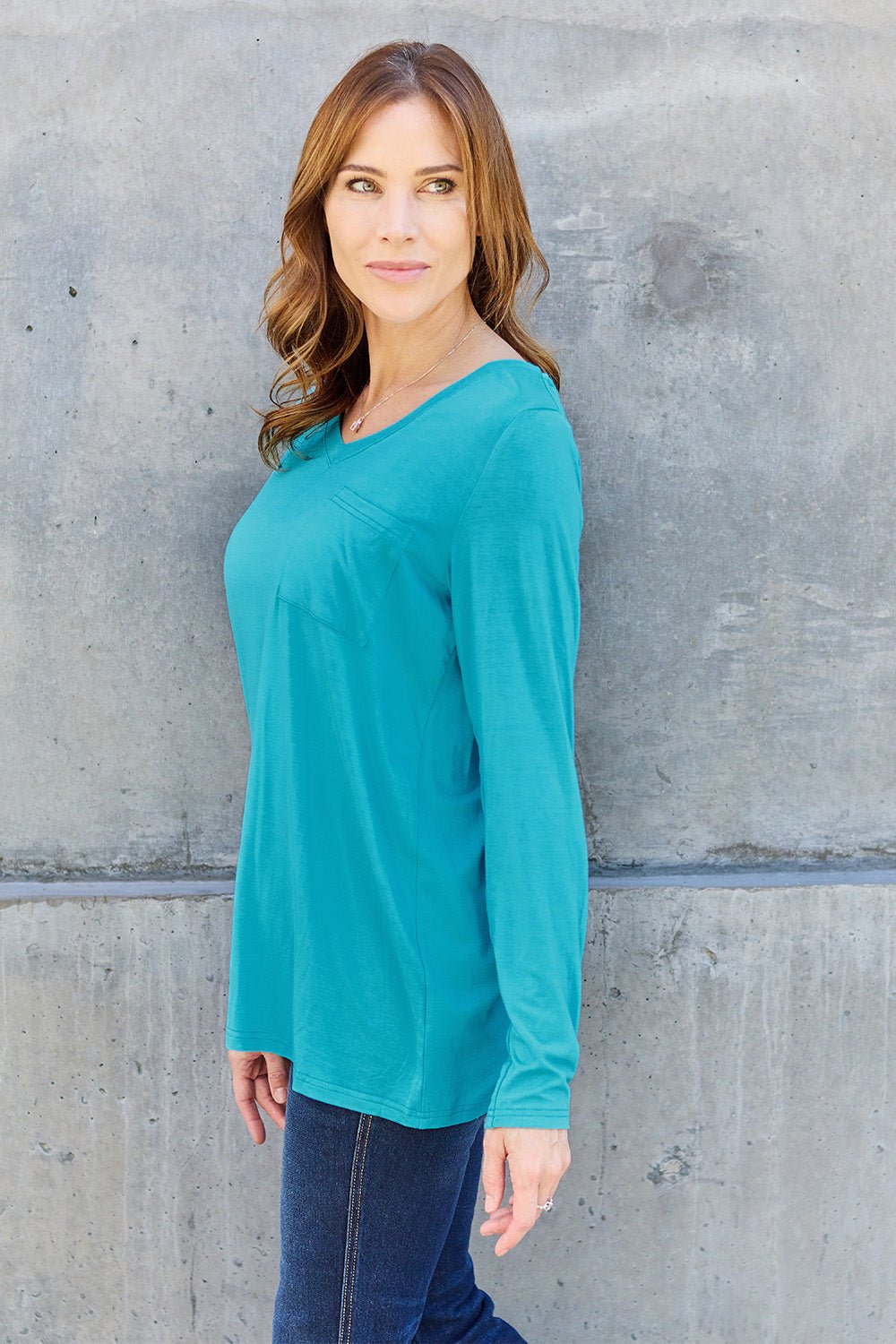 Basic Bae V - Neck Long Sleeve Top - Shirt - Azure - Bella Bourget