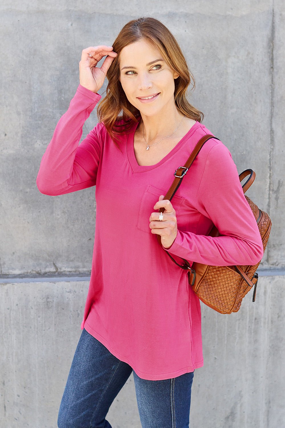 Basic Bae V - Neck Long Sleeve Top - Shirt - Hot Pink - Bella Bourget