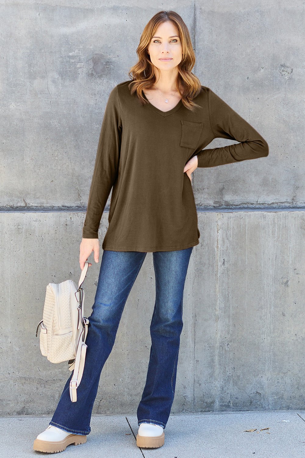 Basic Bae V - Neck Long Sleeve Top - Shirt - Taupe - Bella Bourget