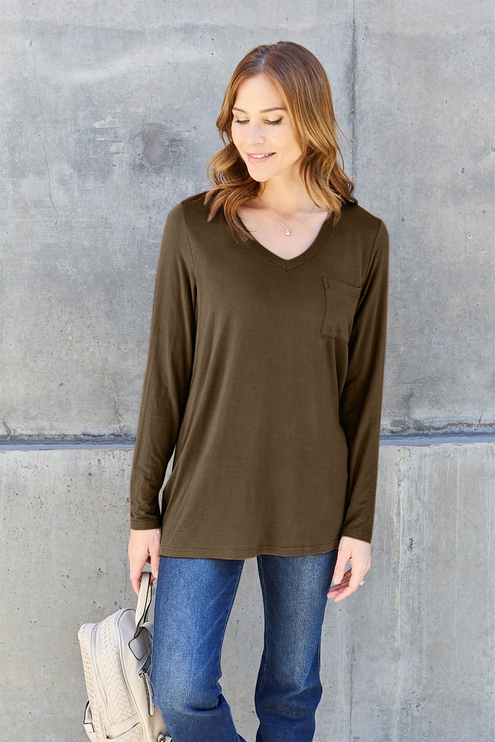 Basic Bae V - Neck Long Sleeve Top - Shirt - Taupe - Bella Bourget