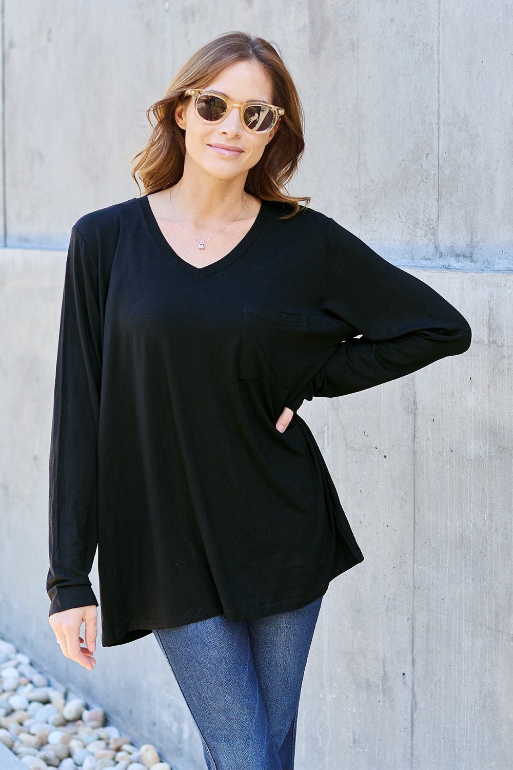 Basic Bae V - Neck Long Sleeve Top - Shirt - Black - Bella Bourget