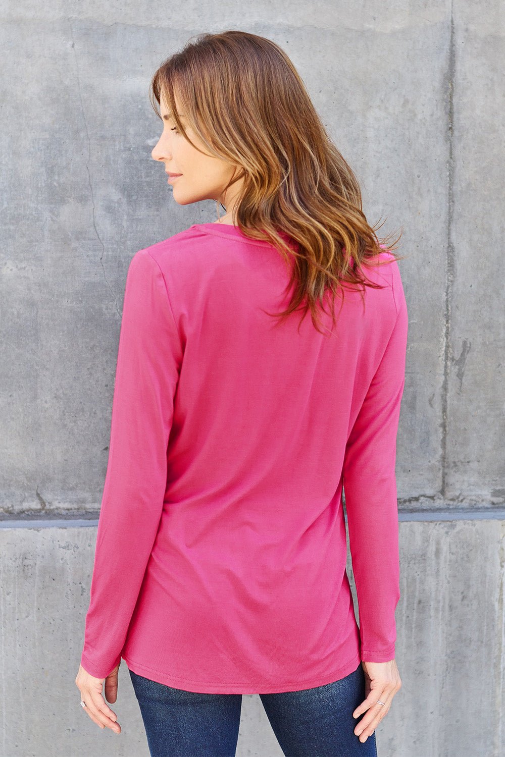 Basic Bae V - Neck Long Sleeve Top - Shirt - Hot Pink - Bella Bourget