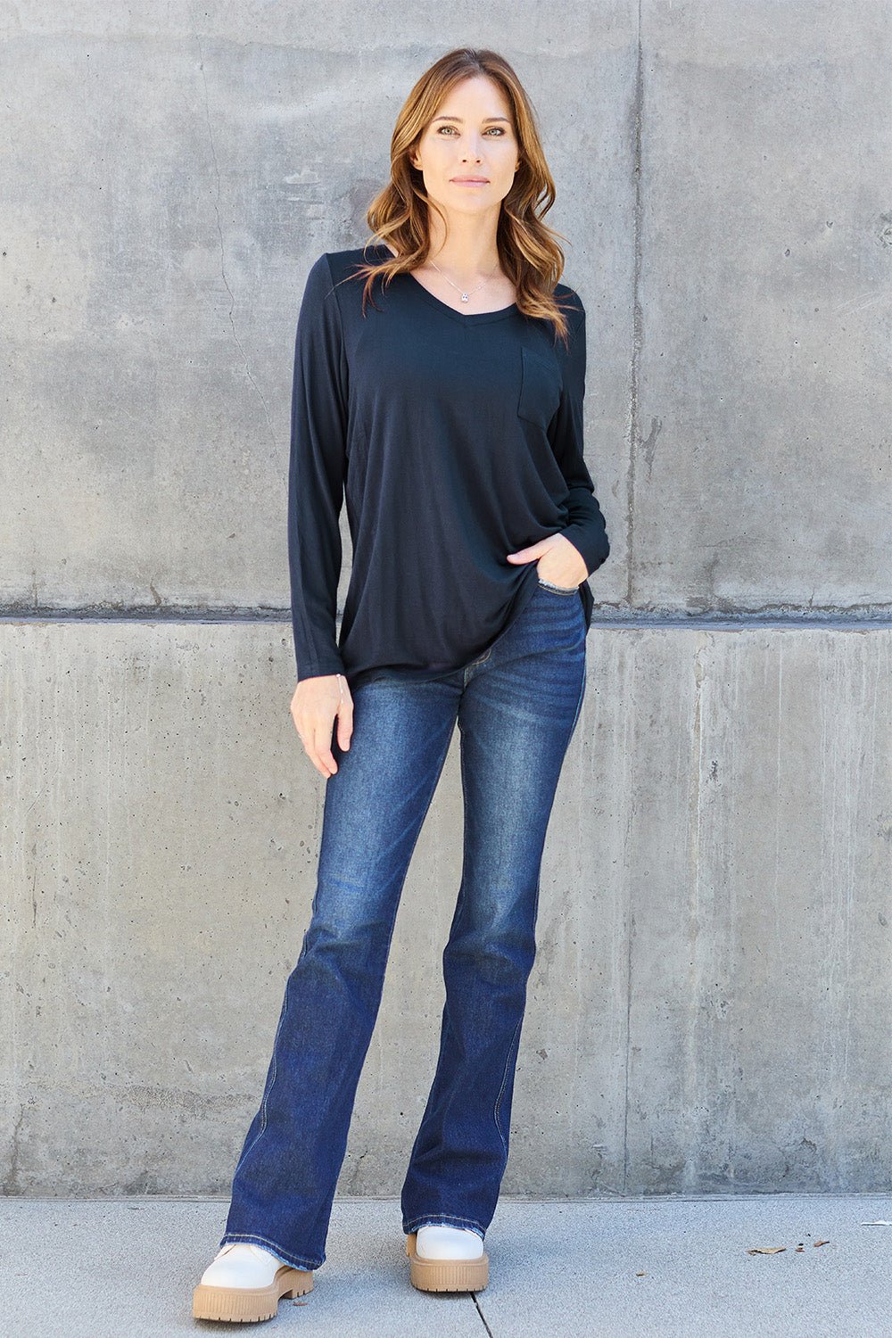 Basic Bae V - Neck Long Sleeve Top - Shirt - Dark Navy - Bella Bourget