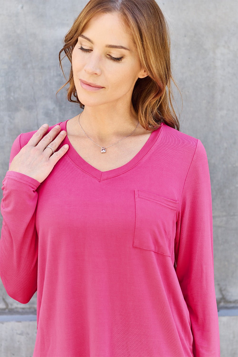 Basic Bae V - Neck Long Sleeve Top - Shirt - Hot Pink - Bella Bourget