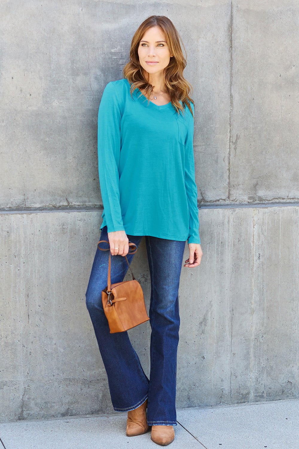 Basic Bae V - Neck Long Sleeve Top - Shirt - Azure - Bella Bourget