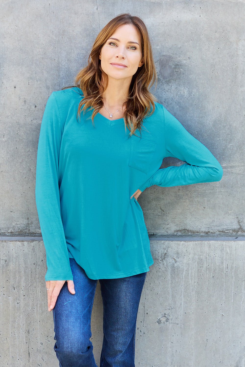 Basic Bae V - Neck Long Sleeve Top - Shirt - Azure - Bella Bourget