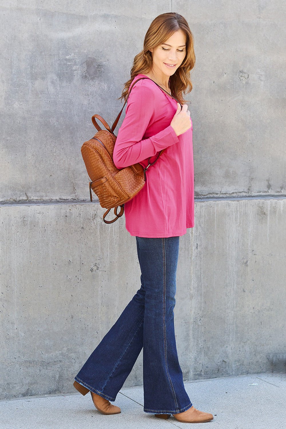 Basic Bae V - Neck Long Sleeve Top - Shirt - Hot Pink - Bella Bourget