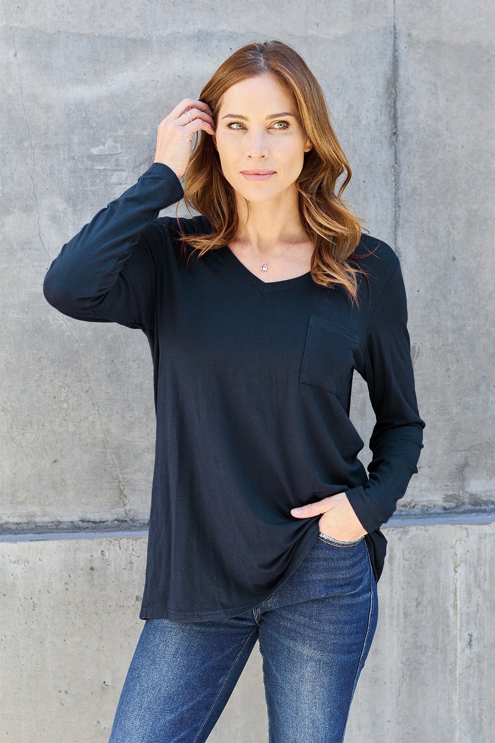 Basic Bae V - Neck Long Sleeve Top - Shirt - Dark Navy - Bella Bourget