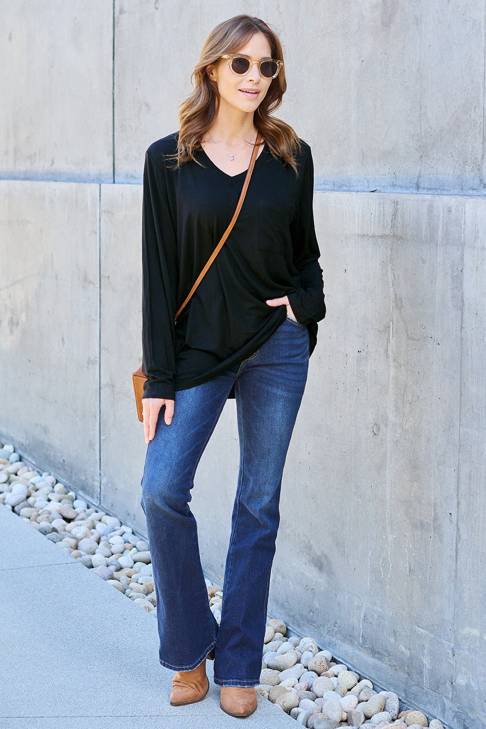 Basic Bae V - Neck Long Sleeve Top - Shirt - Black - Bella Bourget