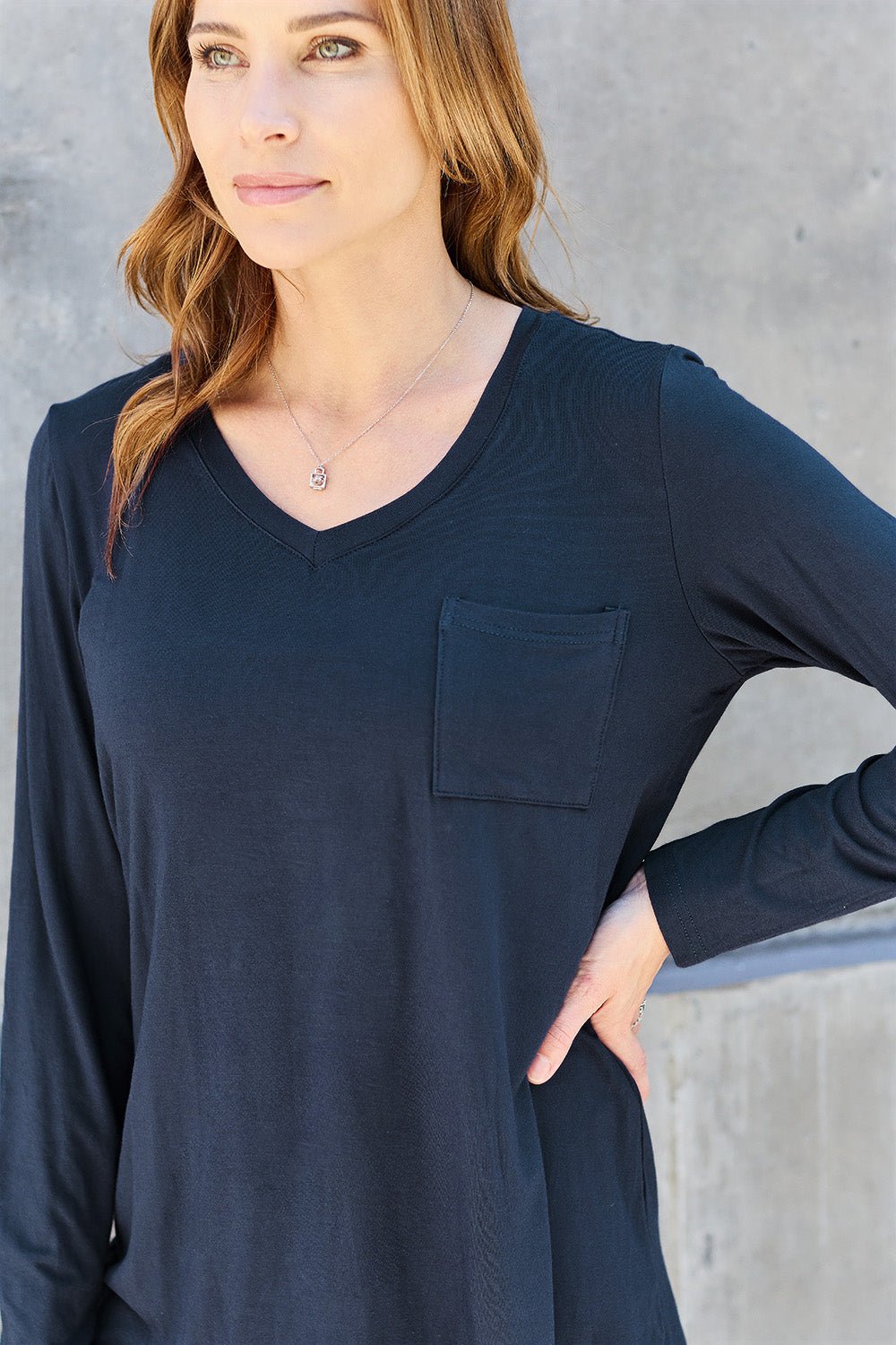 Basic Bae V - Neck Long Sleeve Top - Shirt - Dark Navy - Bella Bourget