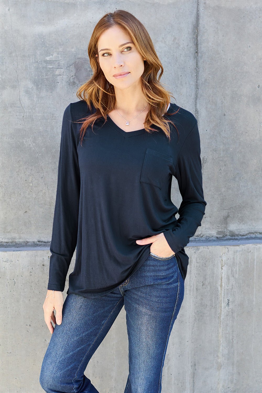 Basic Bae V - Neck Long Sleeve Top - Shirt - Dark Navy - Bella Bourget