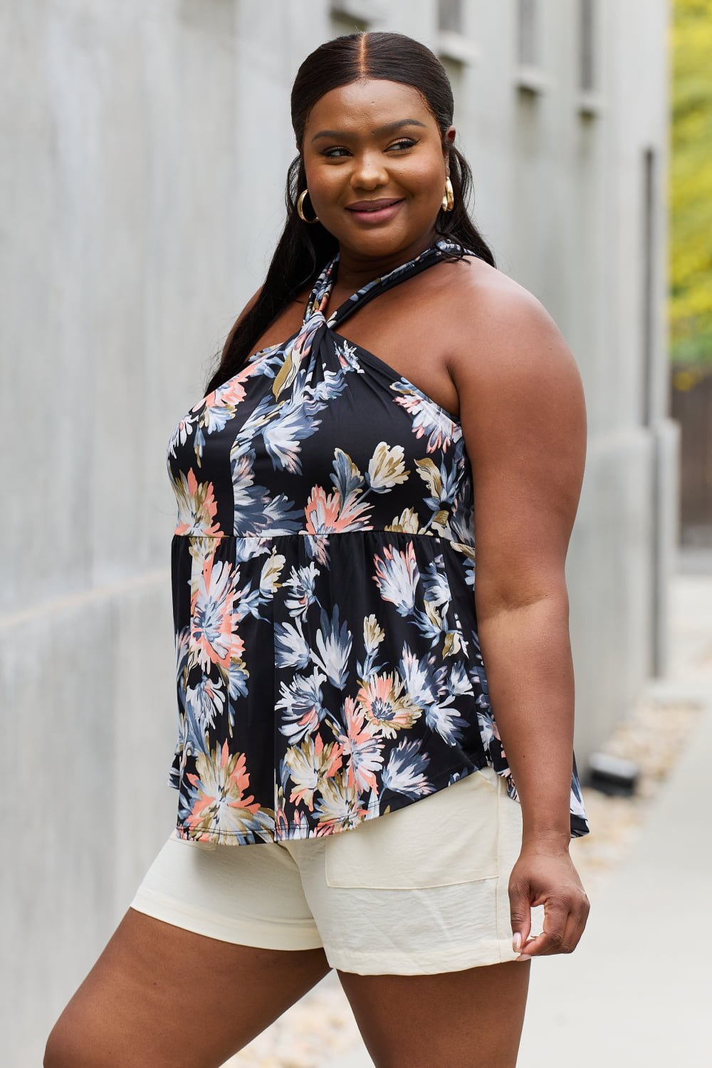 Be Stage Full Size Floral Halter Top in Black - Full Size Tank Top - Black - Bella Bourget