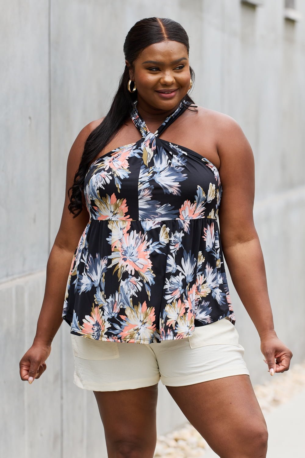 Be Stage Full Size Floral Halter Top in Black - Full Size Tank Top - Black - Bella Bourget