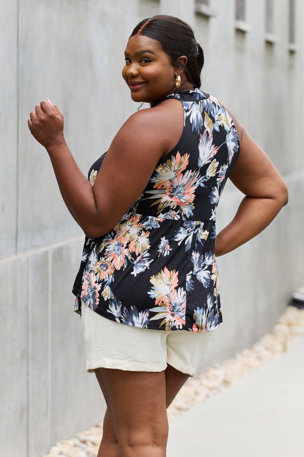 Be Stage Full Size Floral Halter Top in Black - Full Size Tank Top - Black - Bella Bourget