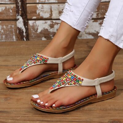 Beaded PU Leather Open Toe Sandals - shoes - Cream - Bella Bourget