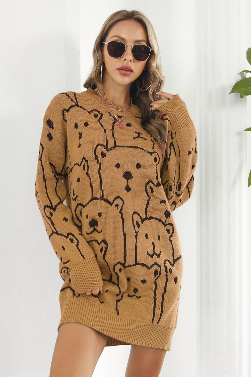 Bear Pattern Round Neck Sweater Dress - Dress - Caramel - Bella Bourget