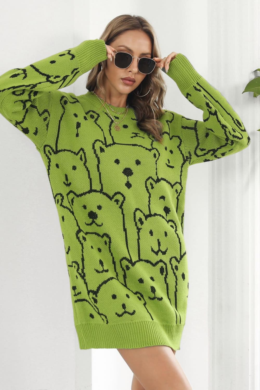 Bear Pattern Round Neck Sweater Dress - Dress - Lime - Bella Bourget