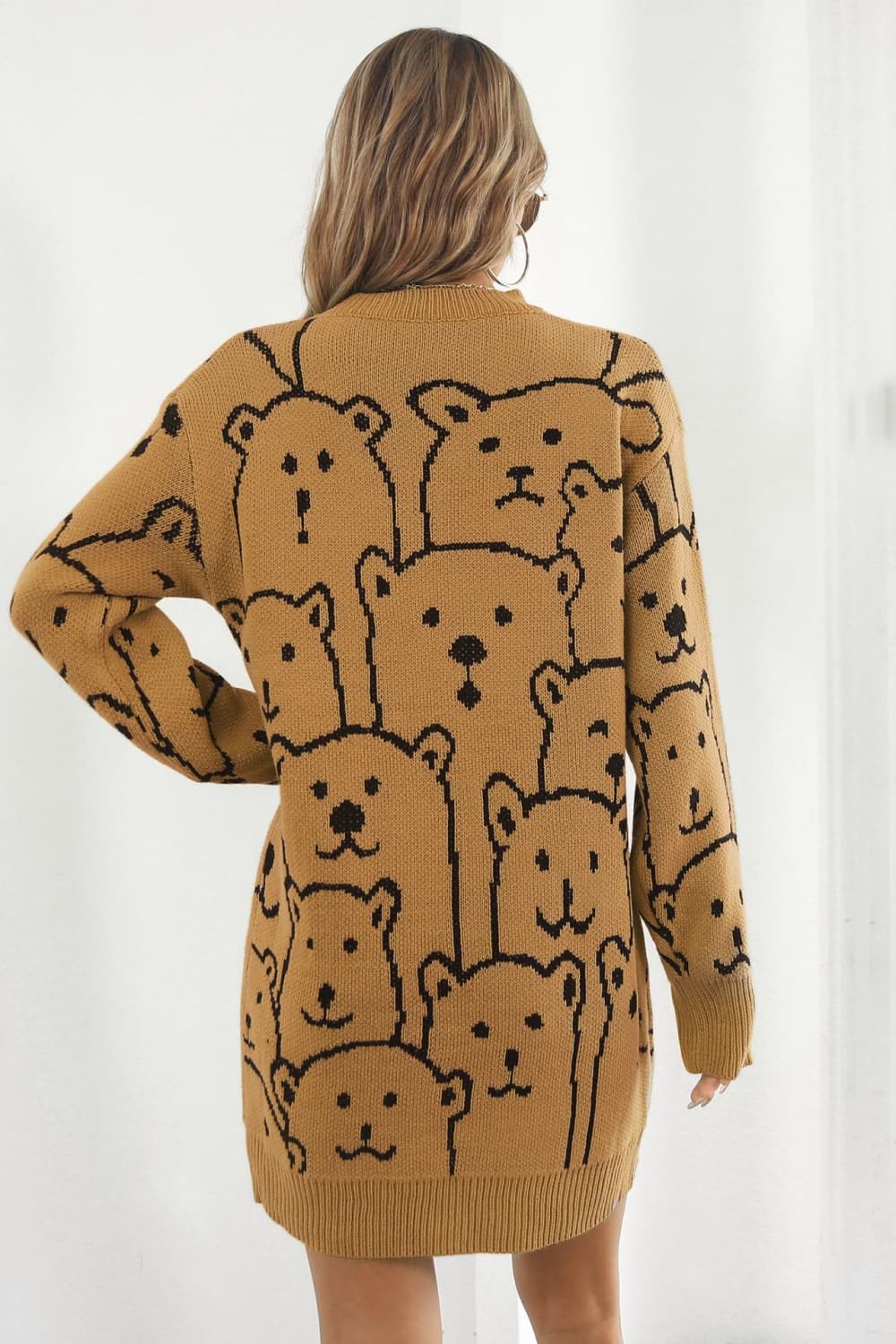 Bear Pattern Round Neck Sweater Dress - Dress - Caramel - Bella Bourget