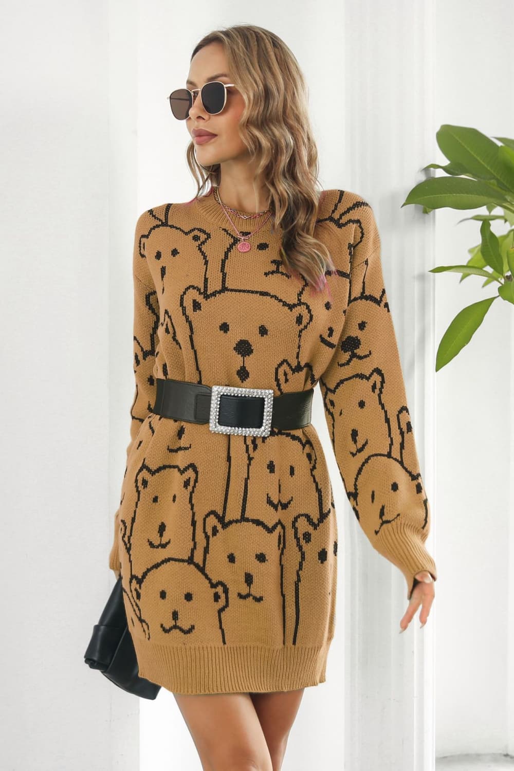 Bear Pattern Round Neck Sweater Dress - Dress - Caramel - Bella Bourget