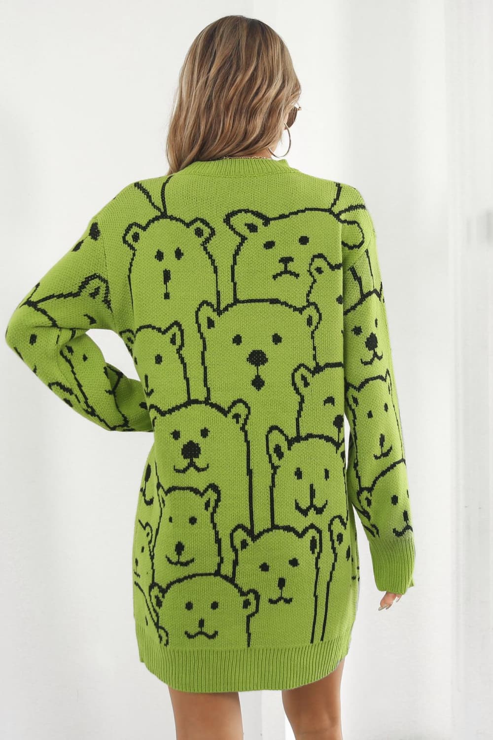 Bear Pattern Round Neck Sweater Dress - Dress - Lime - Bella Bourget