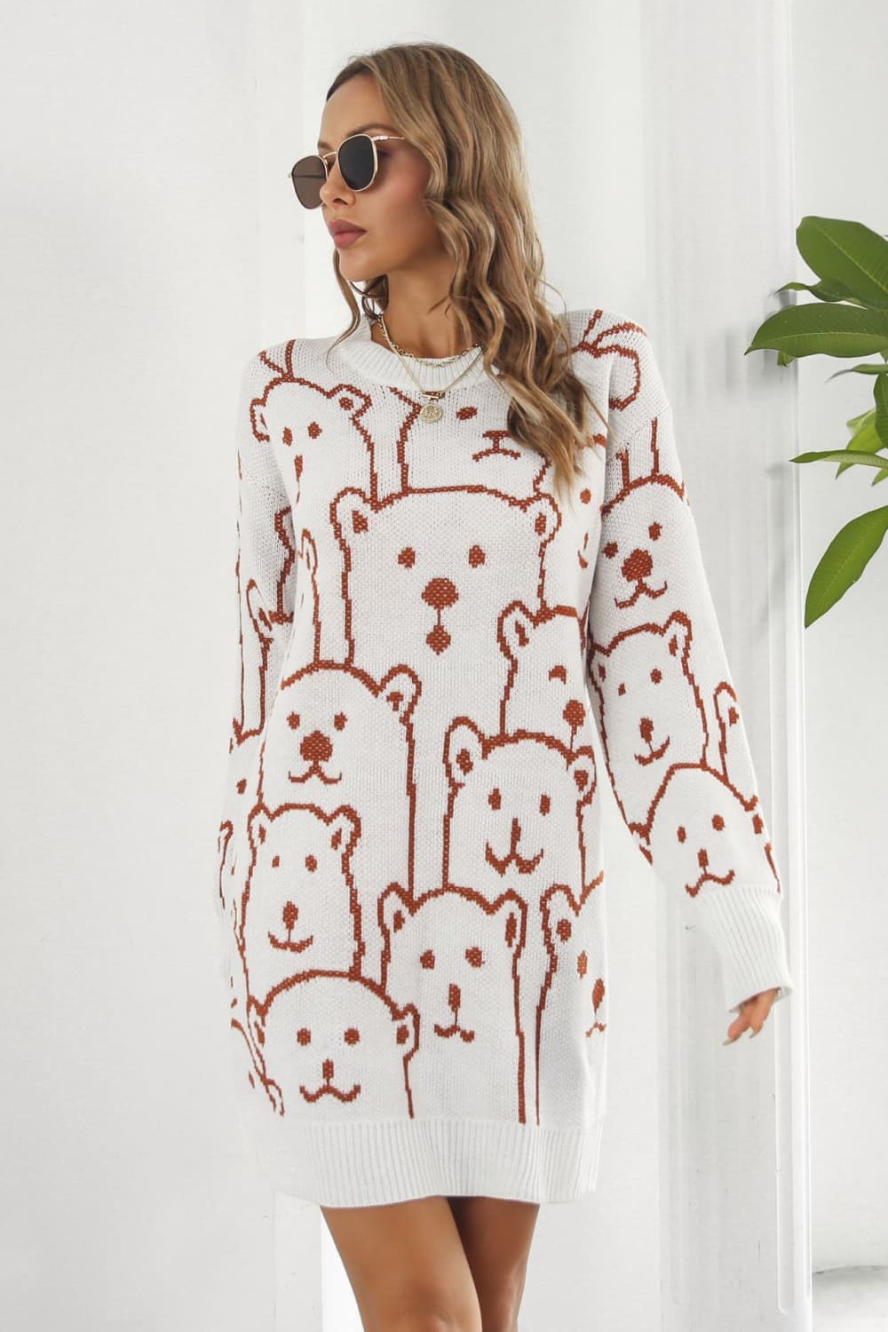 Bear Pattern Round Neck Sweater Dress - Dress - White - Bella Bourget