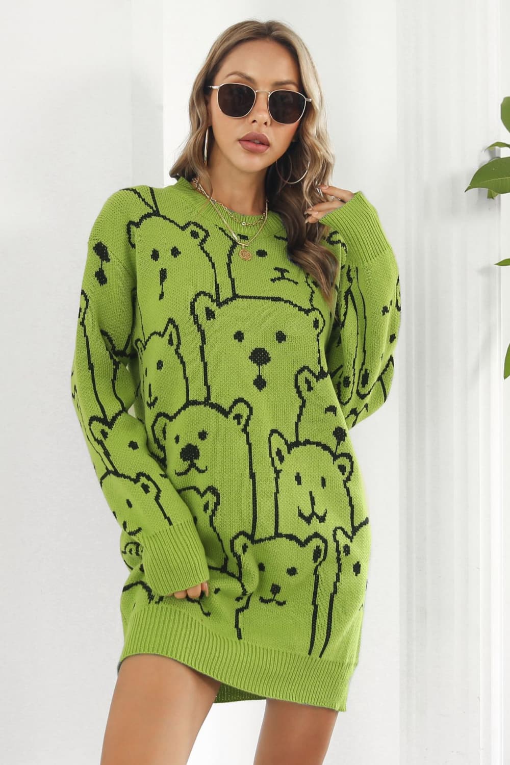 Bear Pattern Round Neck Sweater Dress - Dress - Lime - Bella Bourget