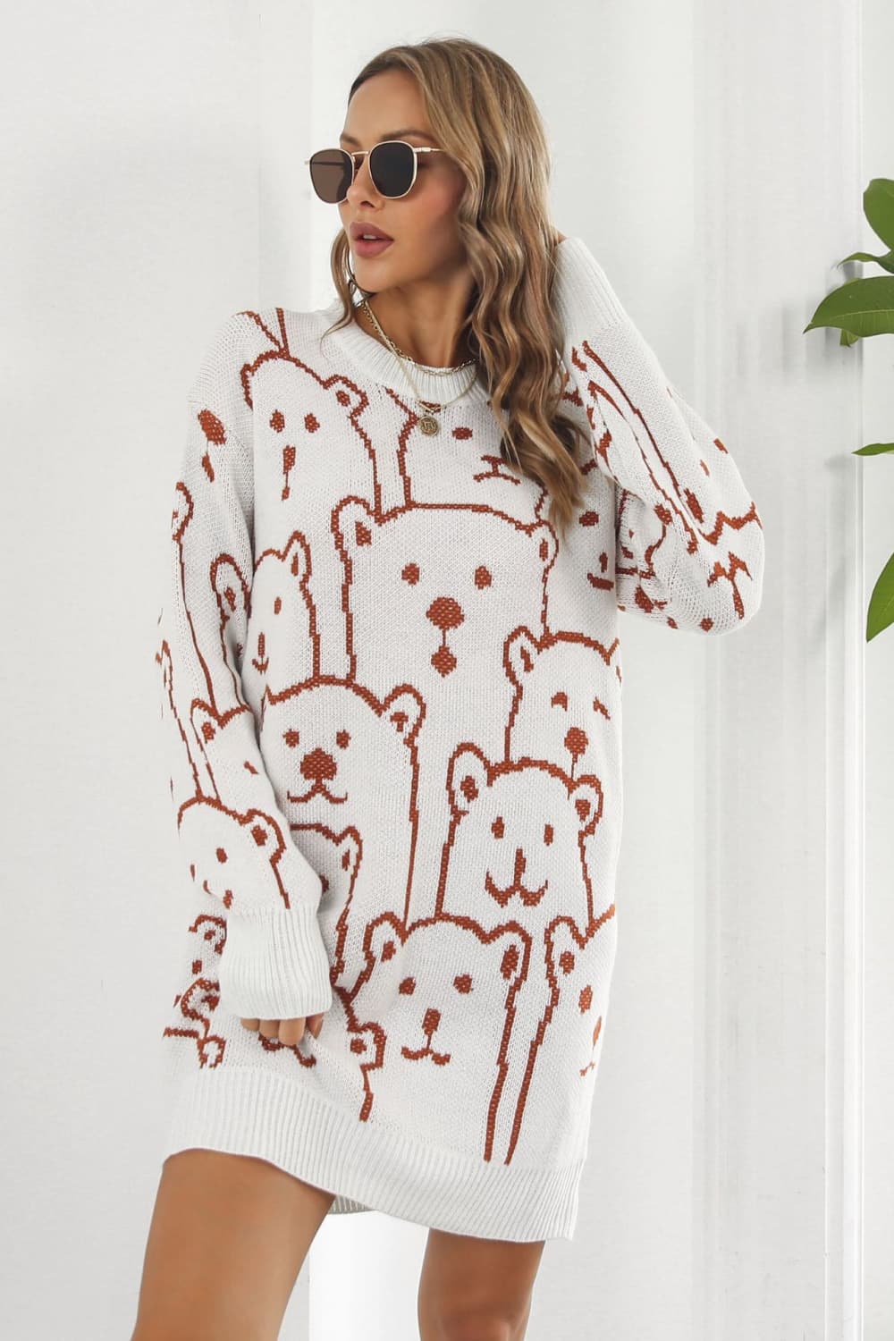 Bear Pattern Round Neck Sweater Dress - Dress - White - Bella Bourget