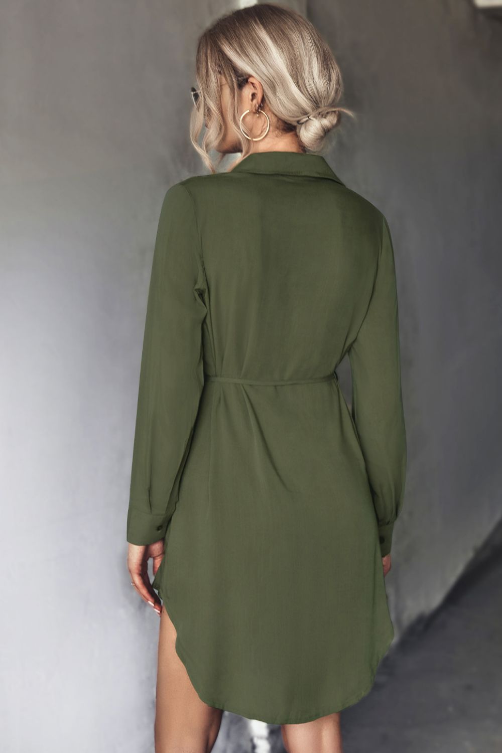 Belted Johnny Collar High - Low Shirt Dress - Dress - Olive - Bella Bourget