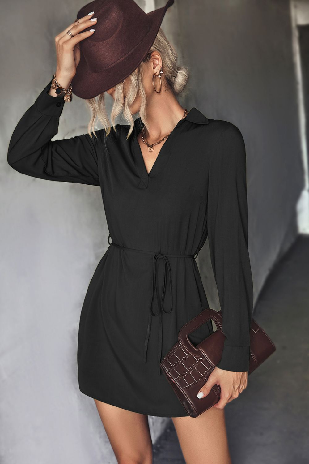 Belted Johnny Collar High - Low Shirt Dress - Dress - Black - Bella Bourget