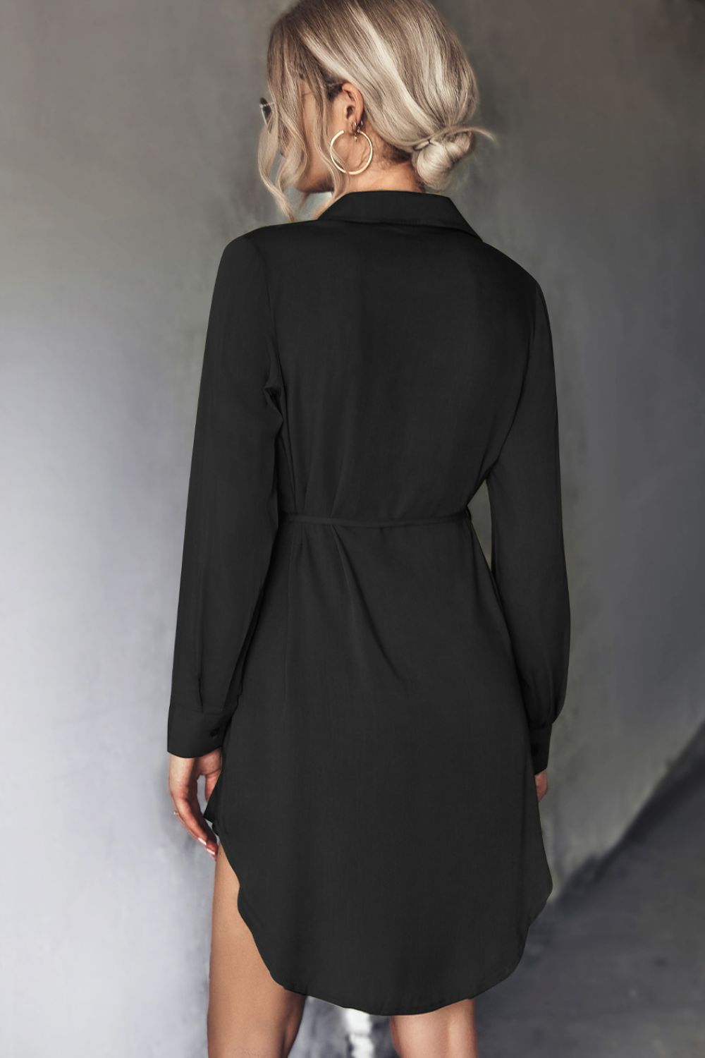 Belted Johnny Collar High - Low Shirt Dress - Dress - Black - Bella Bourget