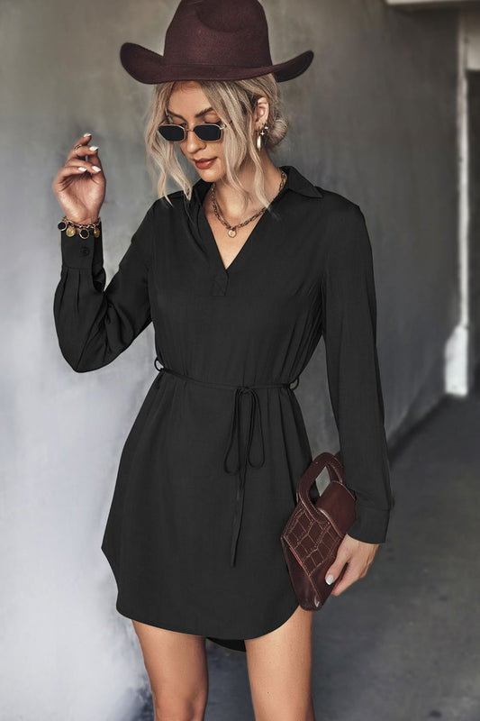 Belted Johnny Collar High - Low Shirt Dress - Dress - Black - Bella Bourget