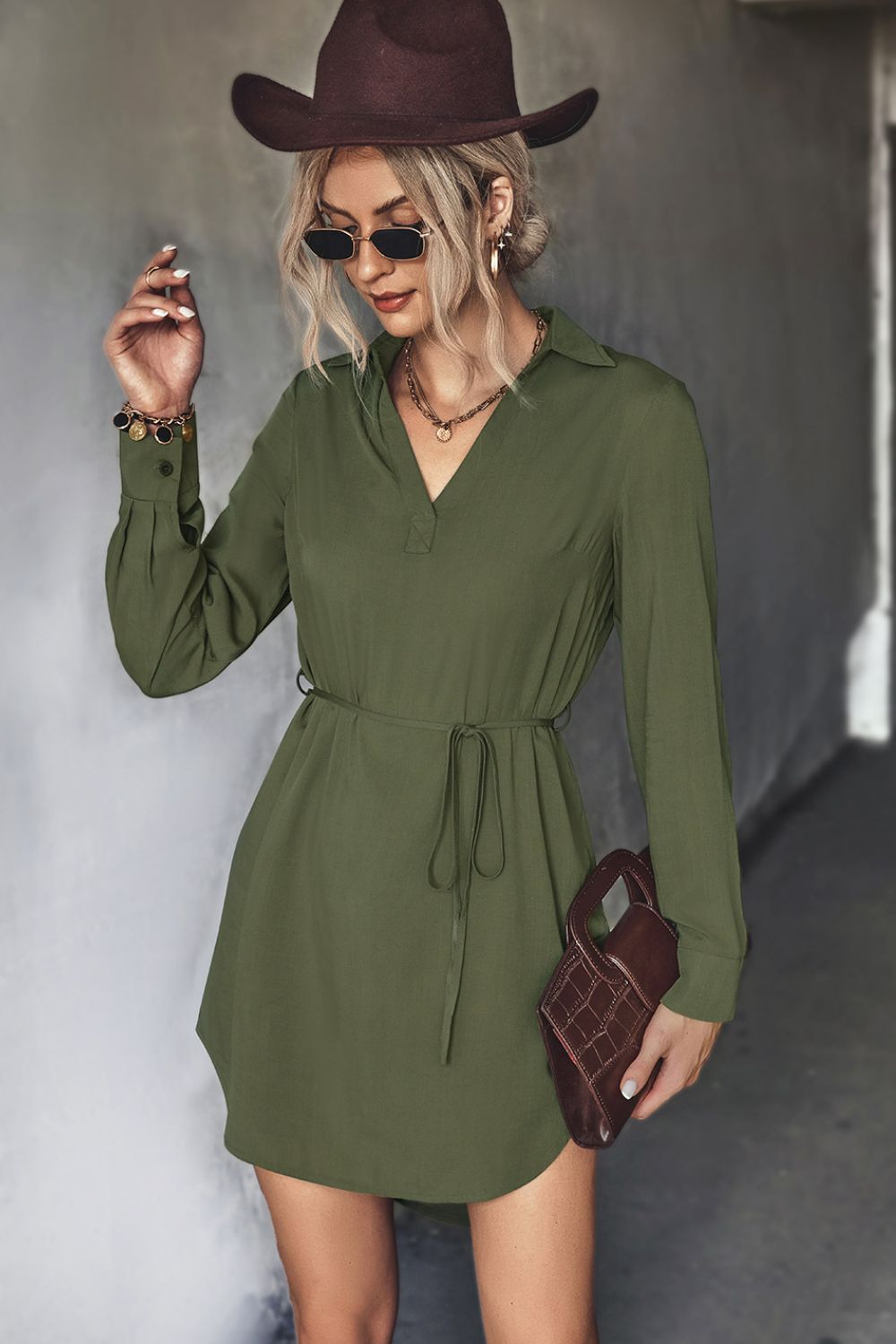 Belted Johnny Collar High - Low Shirt Dress - Dress - Olive - Bella Bourget