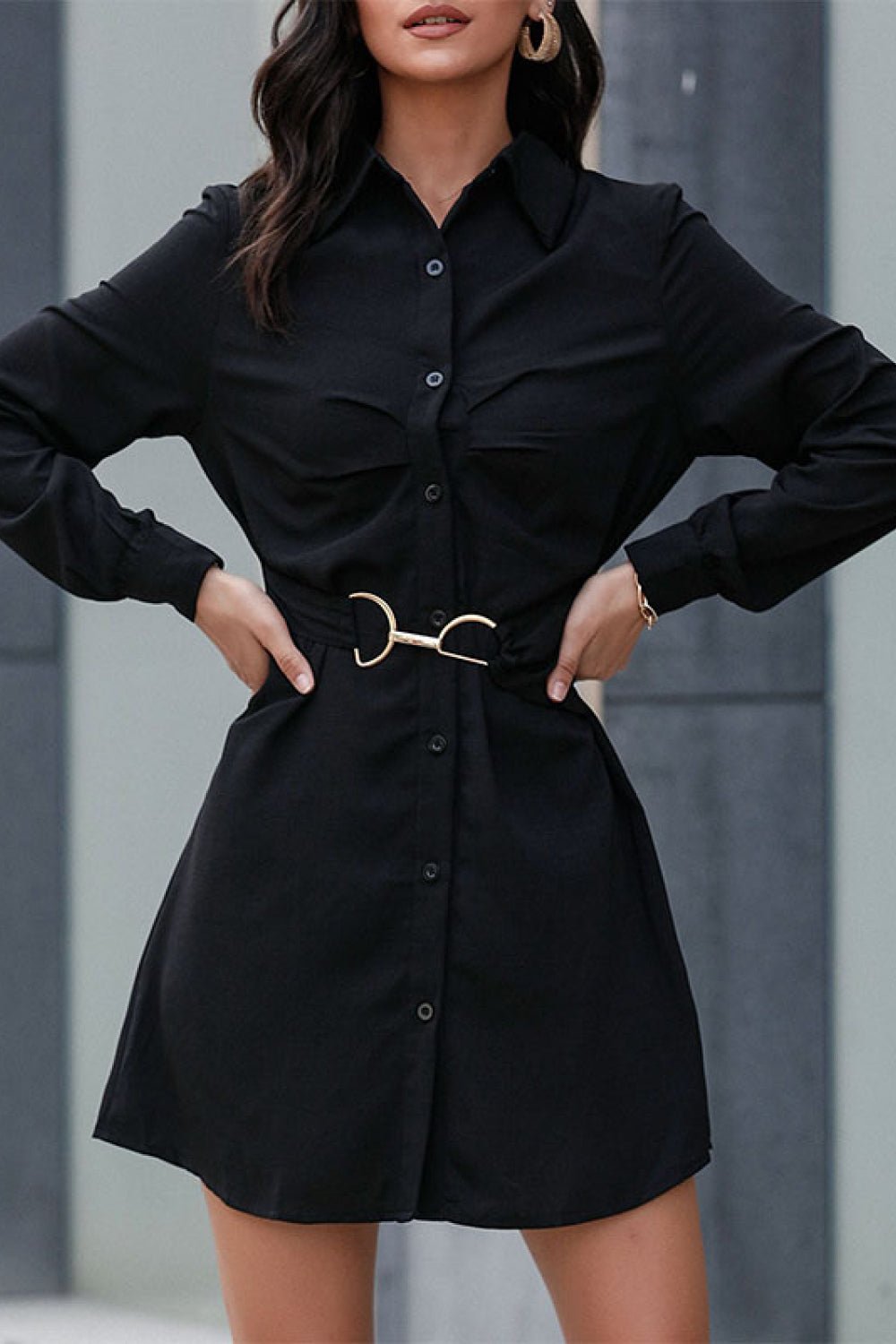 Belted Mini Shirt Dress - Dress - Black - Bella Bourget