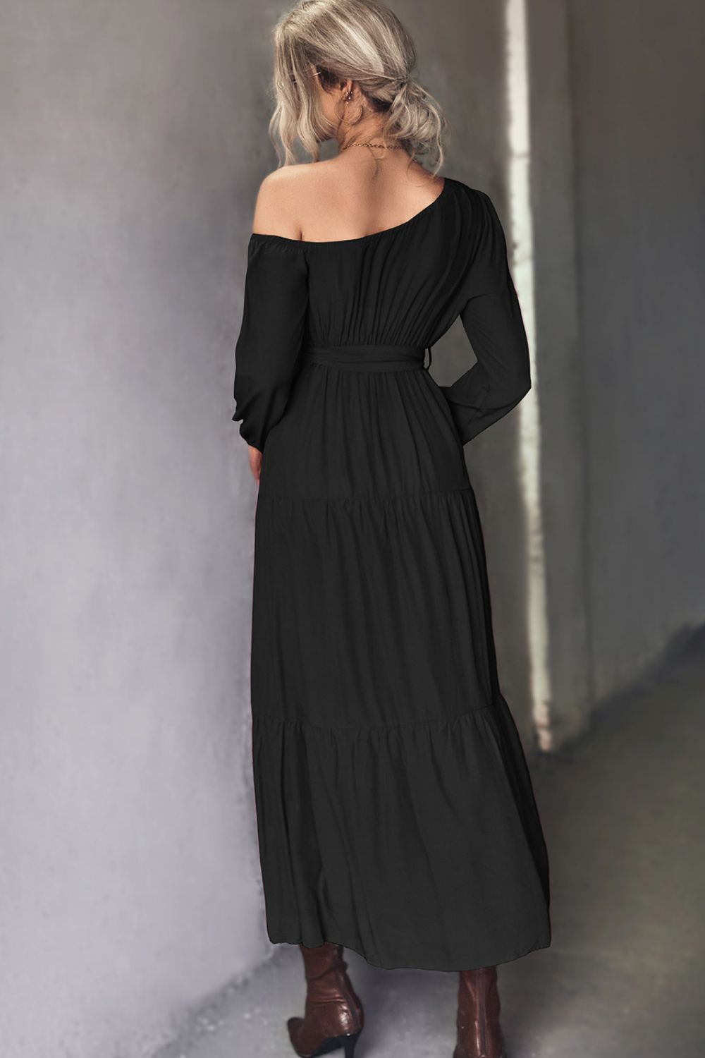 Belted One - Shoulder Tiered Maxi Dress - Dress - Black - Bella Bourget