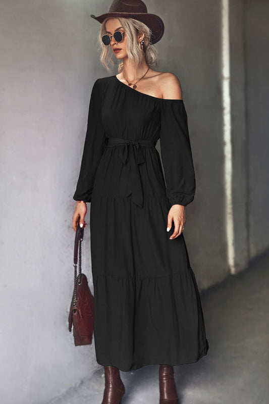 Belted One - Shoulder Tiered Maxi Dress - Dress - Black - Bella Bourget