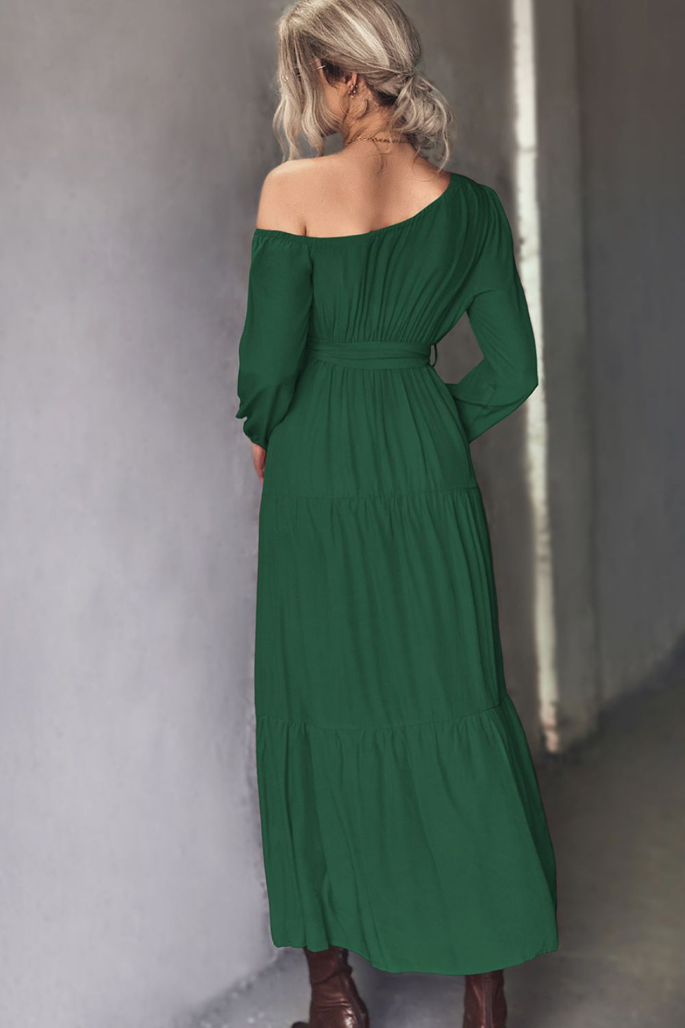 Belted One - Shoulder Tiered Maxi Dress - Dress - Green - Bella Bourget