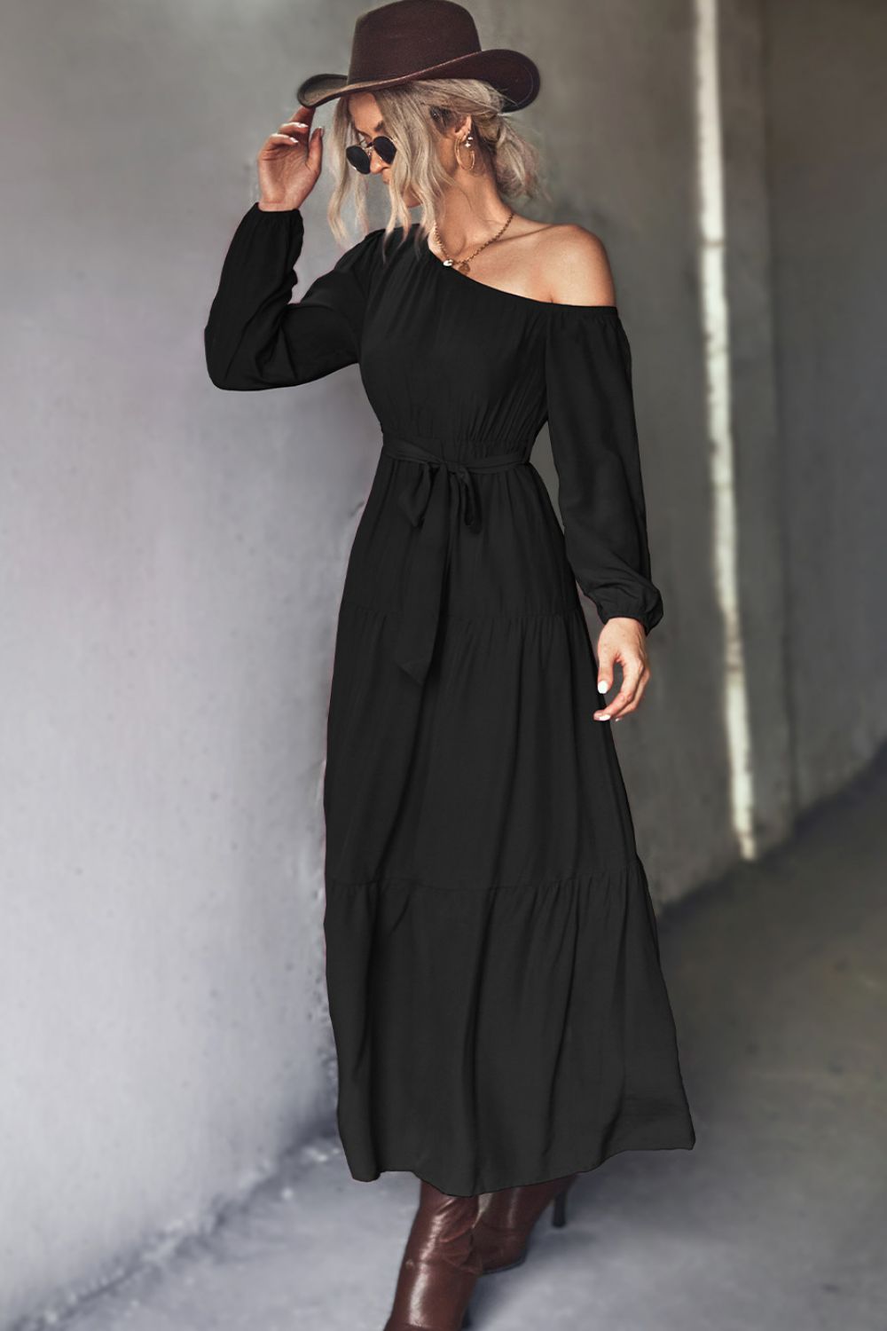 Belted One - Shoulder Tiered Maxi Dress - Dress - Black - Bella Bourget